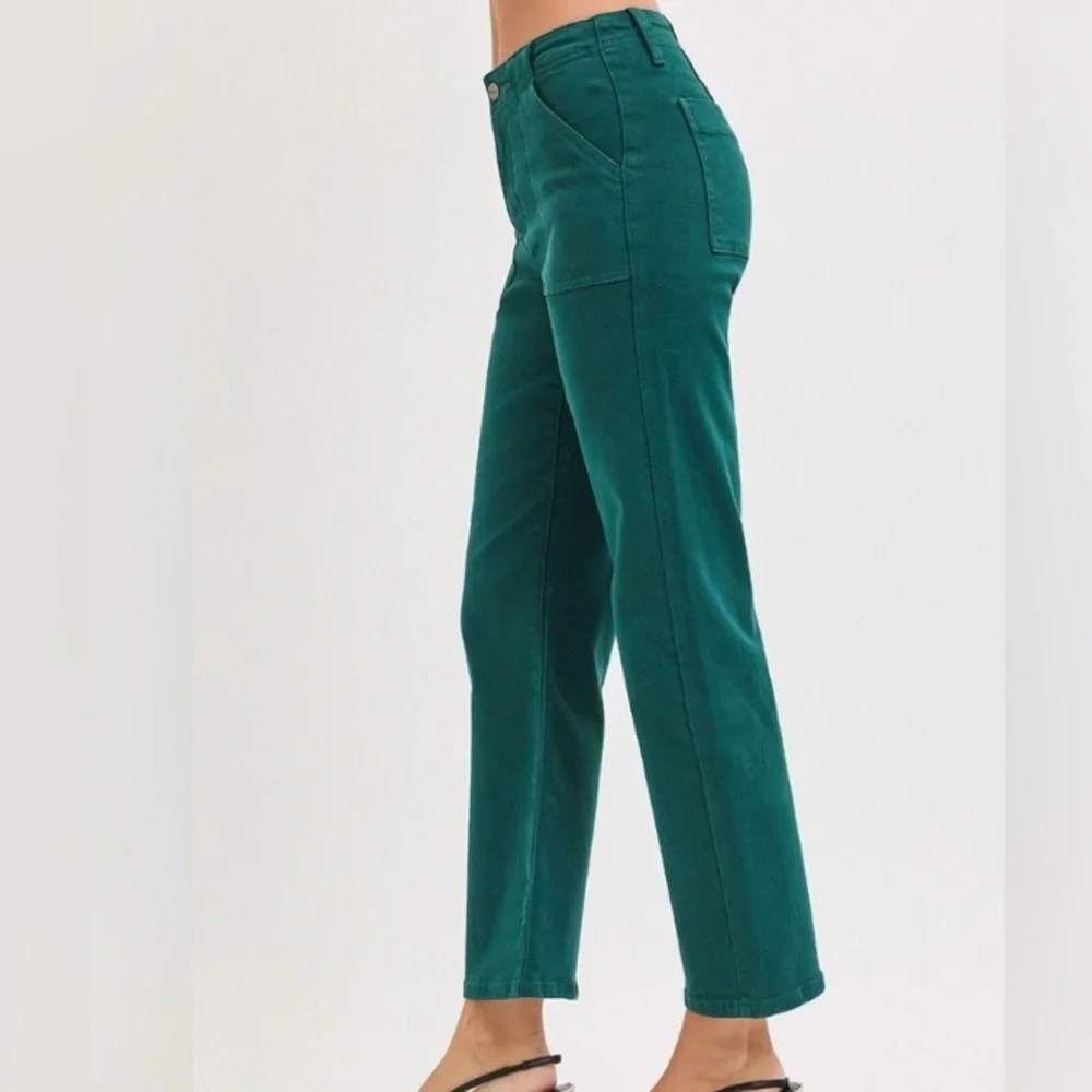 Risen High Rise Kick Flare Patch Pocket Jeans Hunter Green Ankle Various NEW